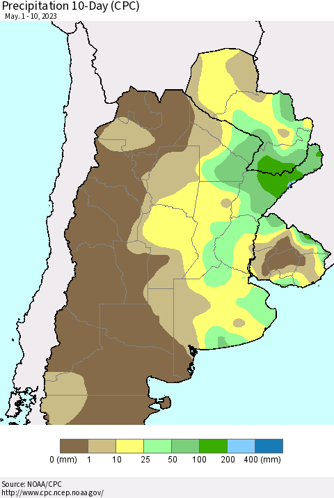 Southern South America Precipitation 10-Day (CPC) Thematic Map For 5/1/2023 - 5/10/2023