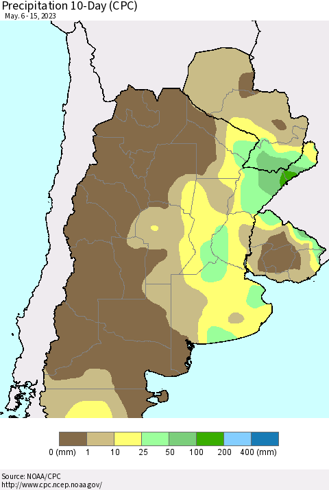 Southern South America Precipitation 10-Day (CPC) Thematic Map For 5/6/2023 - 5/15/2023
