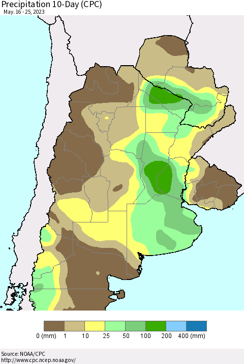 Southern South America Precipitation 10-Day (CPC) Thematic Map For 5/16/2023 - 5/25/2023