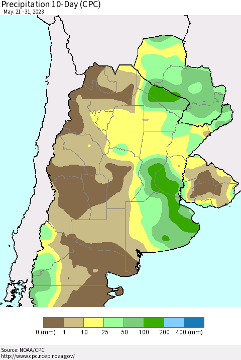 Southern South America Precipitation 10-Day (CPC) Thematic Map For 5/21/2023 - 5/31/2023
