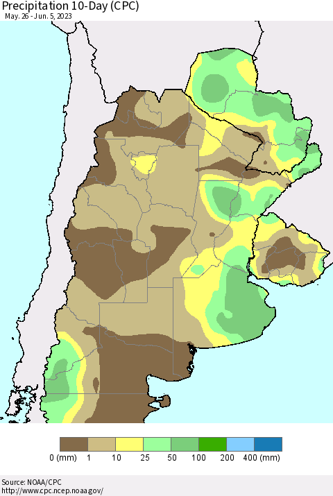 Southern South America Precipitation 10-Day (CPC) Thematic Map For 5/26/2023 - 6/5/2023