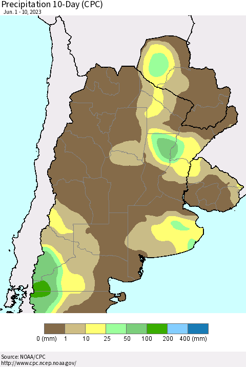 Southern South America Precipitation 10-Day (CPC) Thematic Map For 6/1/2023 - 6/10/2023