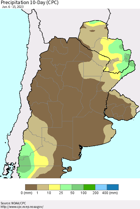 Southern South America Precipitation 10-Day (CPC) Thematic Map For 6/6/2023 - 6/15/2023