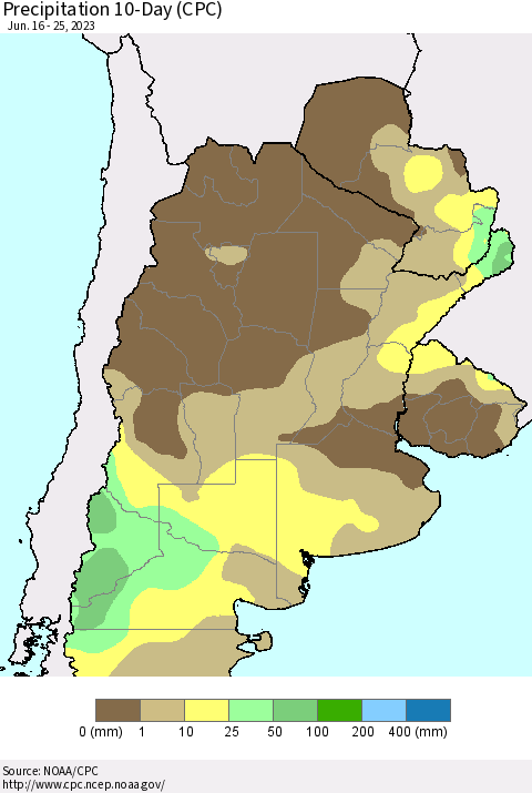 Southern South America Precipitation 10-Day (CPC) Thematic Map For 6/16/2023 - 6/25/2023