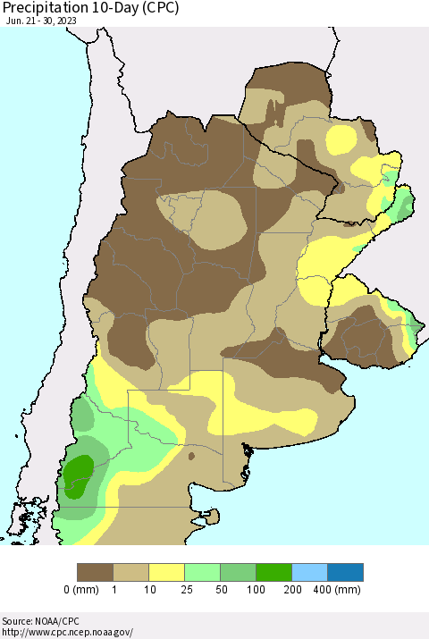 Southern South America Precipitation 10-Day (CPC) Thematic Map For 6/21/2023 - 6/30/2023