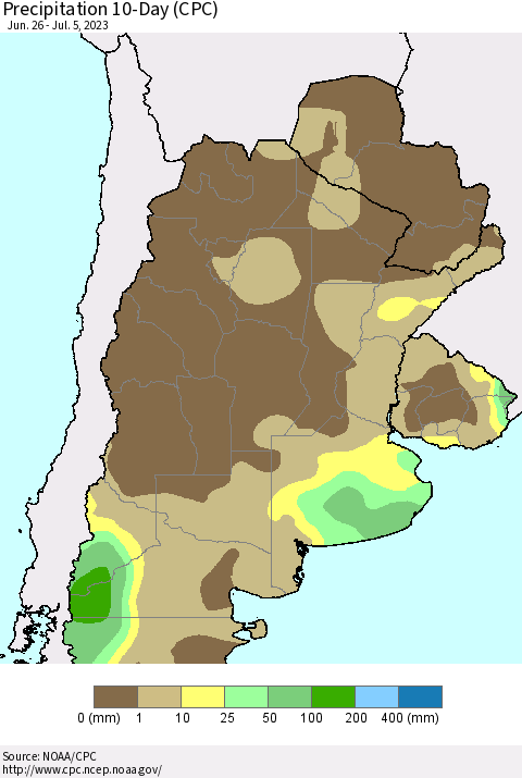 Southern South America Precipitation 10-Day (CPC) Thematic Map For 6/26/2023 - 7/5/2023