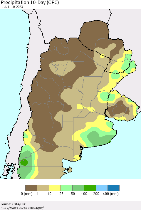 Southern South America Precipitation 10-Day (CPC) Thematic Map For 7/1/2023 - 7/10/2023
