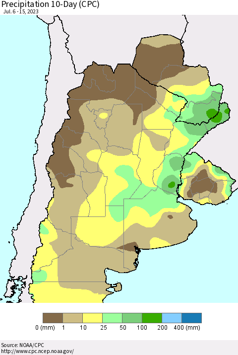 Southern South America Precipitation 10-Day (CPC) Thematic Map For 7/6/2023 - 7/15/2023
