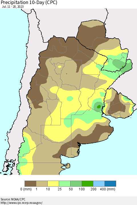 Southern South America Precipitation 10-Day (CPC) Thematic Map For 7/11/2023 - 7/20/2023