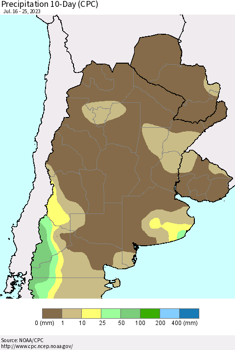 Southern South America Precipitation 10-Day (CPC) Thematic Map For 7/16/2023 - 7/25/2023