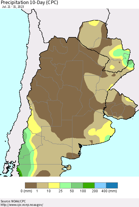 Southern South America Precipitation 10-Day (CPC) Thematic Map For 7/21/2023 - 7/31/2023