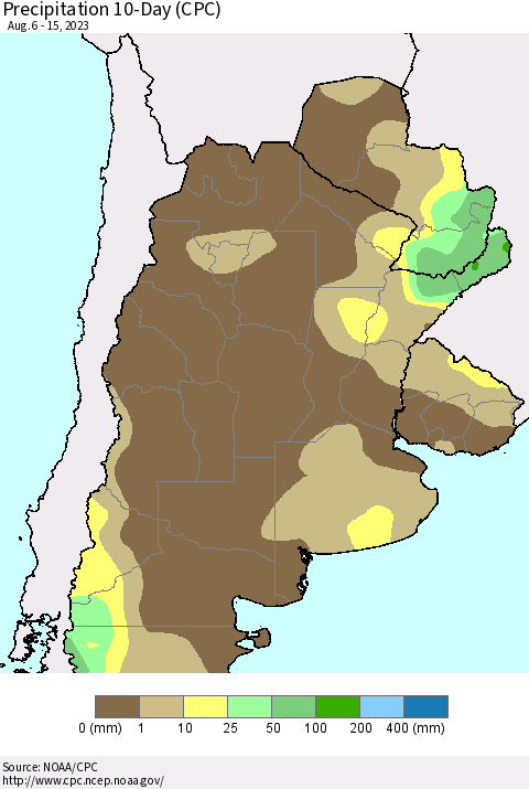 Southern South America Precipitation 10-Day (CPC) Thematic Map For 8/6/2023 - 8/15/2023