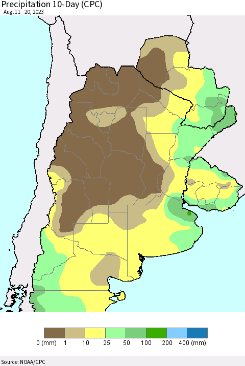 Southern South America Precipitation 10-Day (CPC) Thematic Map For 8/11/2023 - 8/20/2023