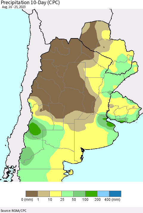 Southern South America Precipitation 10-Day (CPC) Thematic Map For 8/16/2023 - 8/25/2023
