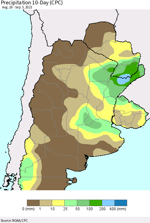 Southern South America Precipitation 10-Day (CPC) Thematic Map For 8/26/2023 - 9/5/2023