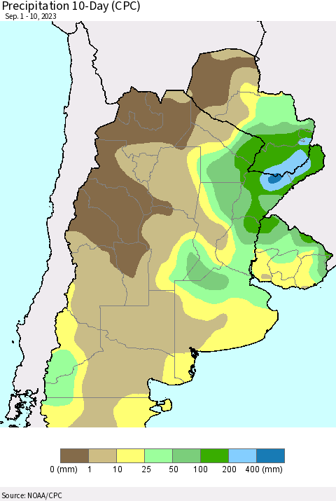 Southern South America Precipitation 10-Day (CPC) Thematic Map For 9/1/2023 - 9/10/2023