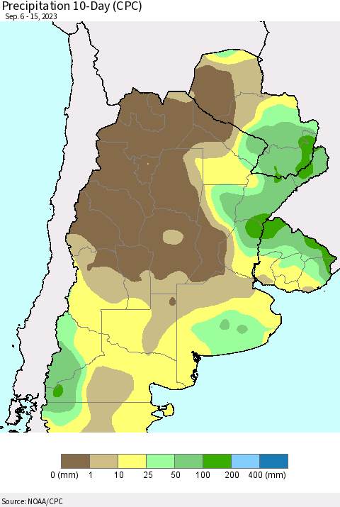 Southern South America Precipitation 10-Day (CPC) Thematic Map For 9/6/2023 - 9/15/2023