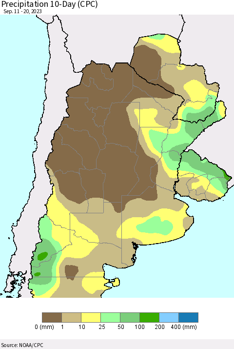 Southern South America Precipitation 10-Day (CPC) Thematic Map For 9/11/2023 - 9/20/2023
