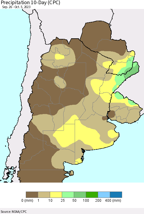 Southern South America Precipitation 10-Day (CPC) Thematic Map For 9/26/2023 - 10/5/2023
