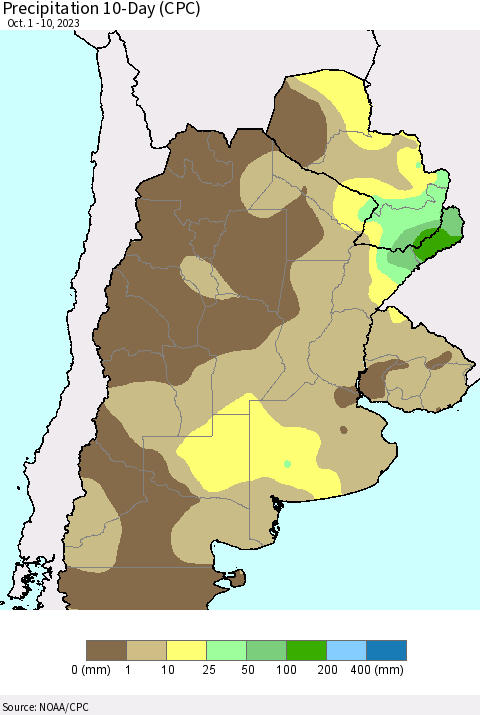 Southern South America Precipitation 10-Day (CPC) Thematic Map For 10/1/2023 - 10/10/2023