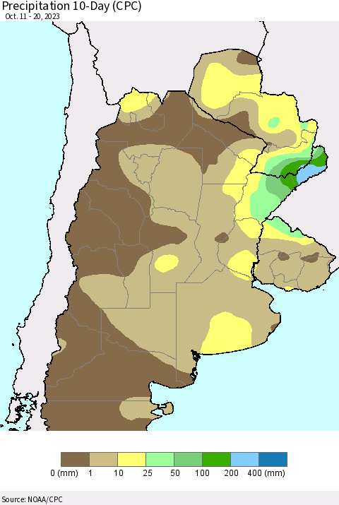 Southern South America Precipitation 10-Day (CPC) Thematic Map For 10/11/2023 - 10/20/2023
