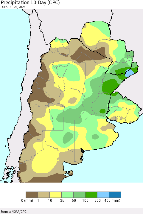 Southern South America Precipitation 10-Day (CPC) Thematic Map For 10/16/2023 - 10/25/2023