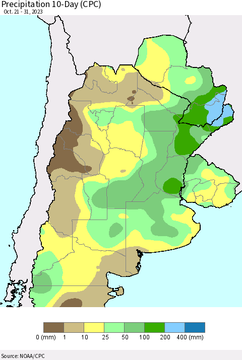 Southern South America Precipitation 10-Day (CPC) Thematic Map For 10/21/2023 - 10/31/2023