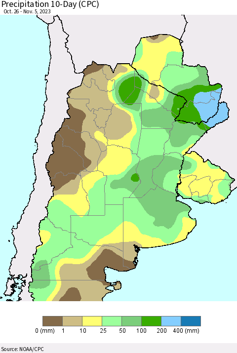 Southern South America Precipitation 10-Day (CPC) Thematic Map For 10/26/2023 - 11/5/2023