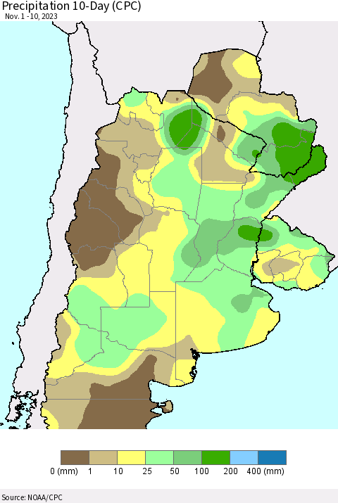 Southern South America Precipitation 10-Day (CPC) Thematic Map For 11/1/2023 - 11/10/2023