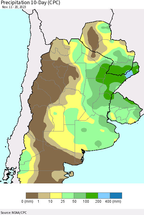 Southern South America Precipitation 10-Day (CPC) Thematic Map For 11/11/2023 - 11/20/2023