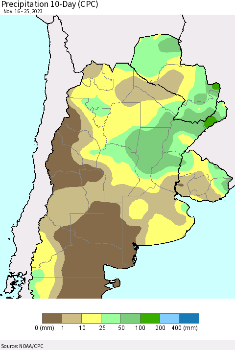 Southern South America Precipitation 10-Day (CPC) Thematic Map For 11/16/2023 - 11/25/2023