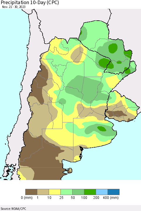 Southern South America Precipitation 10-Day (CPC) Thematic Map For 11/21/2023 - 11/30/2023