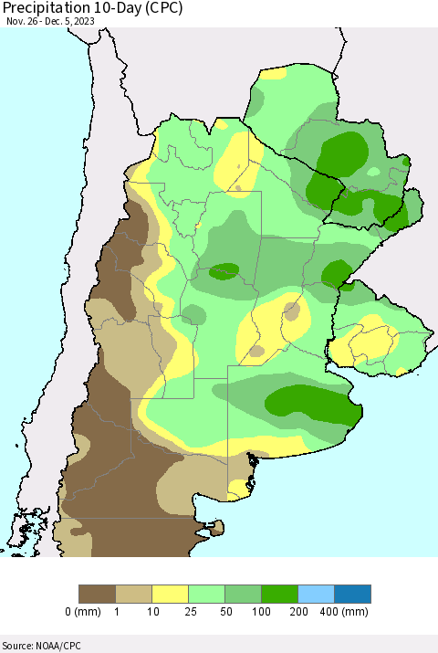 Southern South America Precipitation 10-Day (CPC) Thematic Map For 11/26/2023 - 12/5/2023