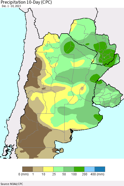 Southern South America Precipitation 10-Day (CPC) Thematic Map For 12/1/2023 - 12/10/2023