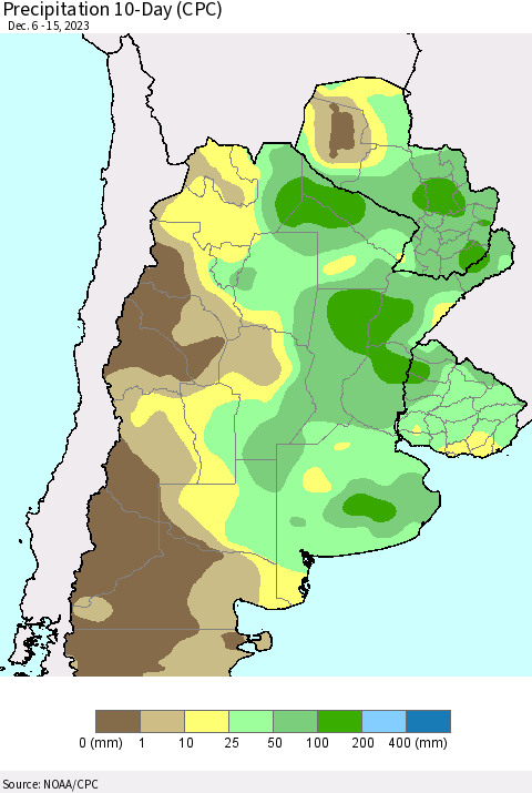 Southern South America Precipitation 10-Day (CPC) Thematic Map For 12/6/2023 - 12/15/2023