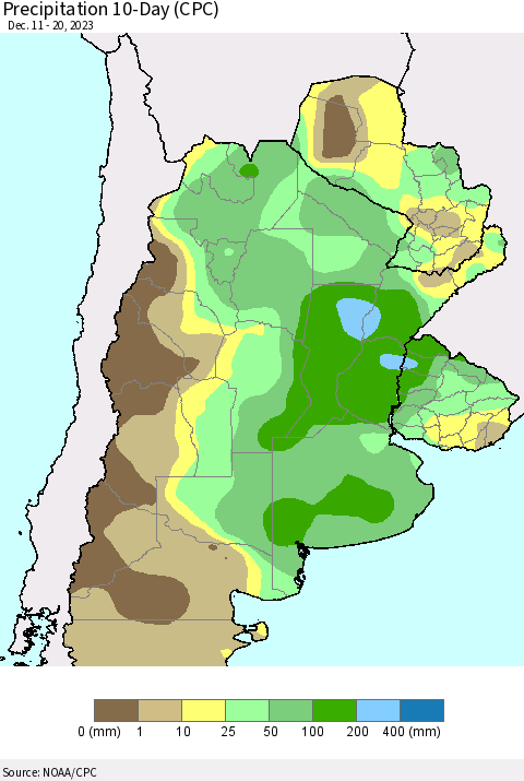 Southern South America Precipitation 10-Day (CPC) Thematic Map For 12/11/2023 - 12/20/2023