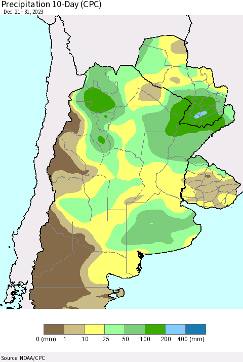 Southern South America Precipitation 10-Day (CPC) Thematic Map For 12/21/2023 - 12/31/2023