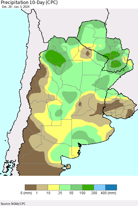 Southern South America Precipitation 10-Day (CPC) Thematic Map For 12/26/2023 - 1/5/2024