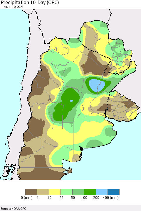 Southern South America Precipitation 10-Day (CPC) Thematic Map For 1/1/2024 - 1/10/2024