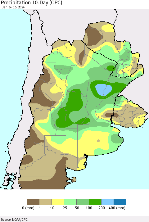 Southern South America Precipitation 10-Day (CPC) Thematic Map For 1/6/2024 - 1/15/2024