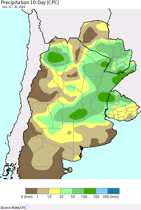 Southern South America Precipitation 10-Day (CPC) Thematic Map For 1/11/2024 - 1/20/2024