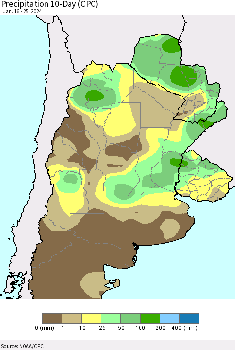 Southern South America Precipitation 10-Day (CPC) Thematic Map For 1/16/2024 - 1/25/2024