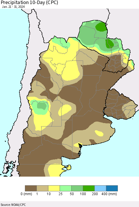Southern South America Precipitation 10-Day (CPC) Thematic Map For 1/21/2024 - 1/31/2024