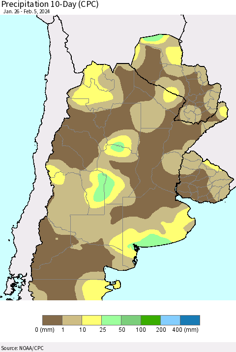 Southern South America Precipitation 10-Day (CPC) Thematic Map For 1/26/2024 - 2/5/2024