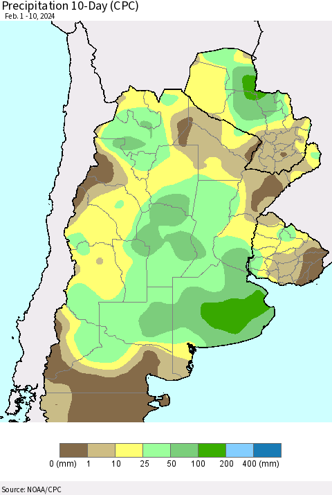 Southern South America Precipitation 10-Day (CPC) Thematic Map For 2/1/2024 - 2/10/2024