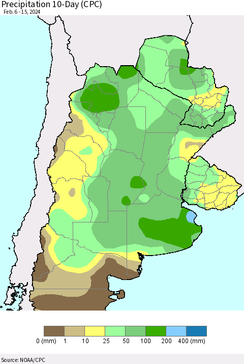 Southern South America Precipitation 10-Day (CPC) Thematic Map For 2/6/2024 - 2/15/2024