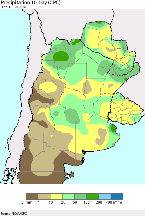 Southern South America Precipitation 10-Day (CPC) Thematic Map For 2/11/2024 - 2/20/2024