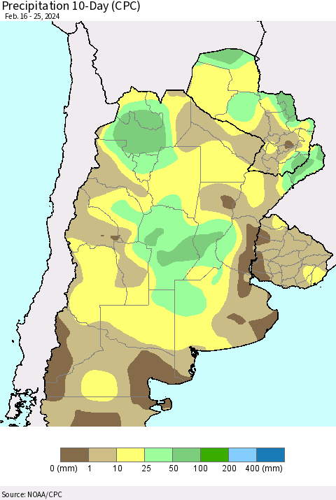 Southern South America Precipitation 10-Day (CPC) Thematic Map For 2/16/2024 - 2/25/2024