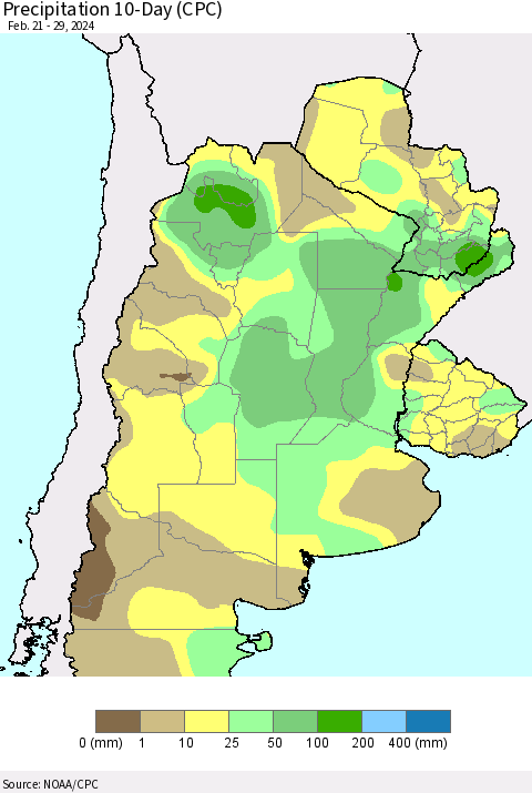 Southern South America Precipitation 10-Day (CPC) Thematic Map For 2/21/2024 - 2/29/2024