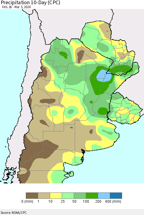Southern South America Precipitation 10-Day (CPC) Thematic Map For 2/26/2024 - 3/5/2024
